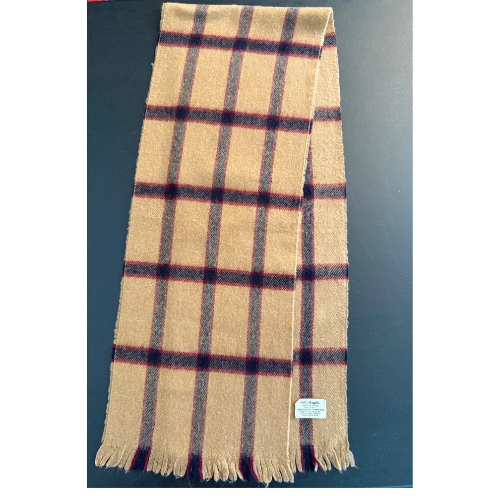 Vintage Plaid Scarf Camel Tan Red Navy Blue Check Acrylic Made in Japan 0655